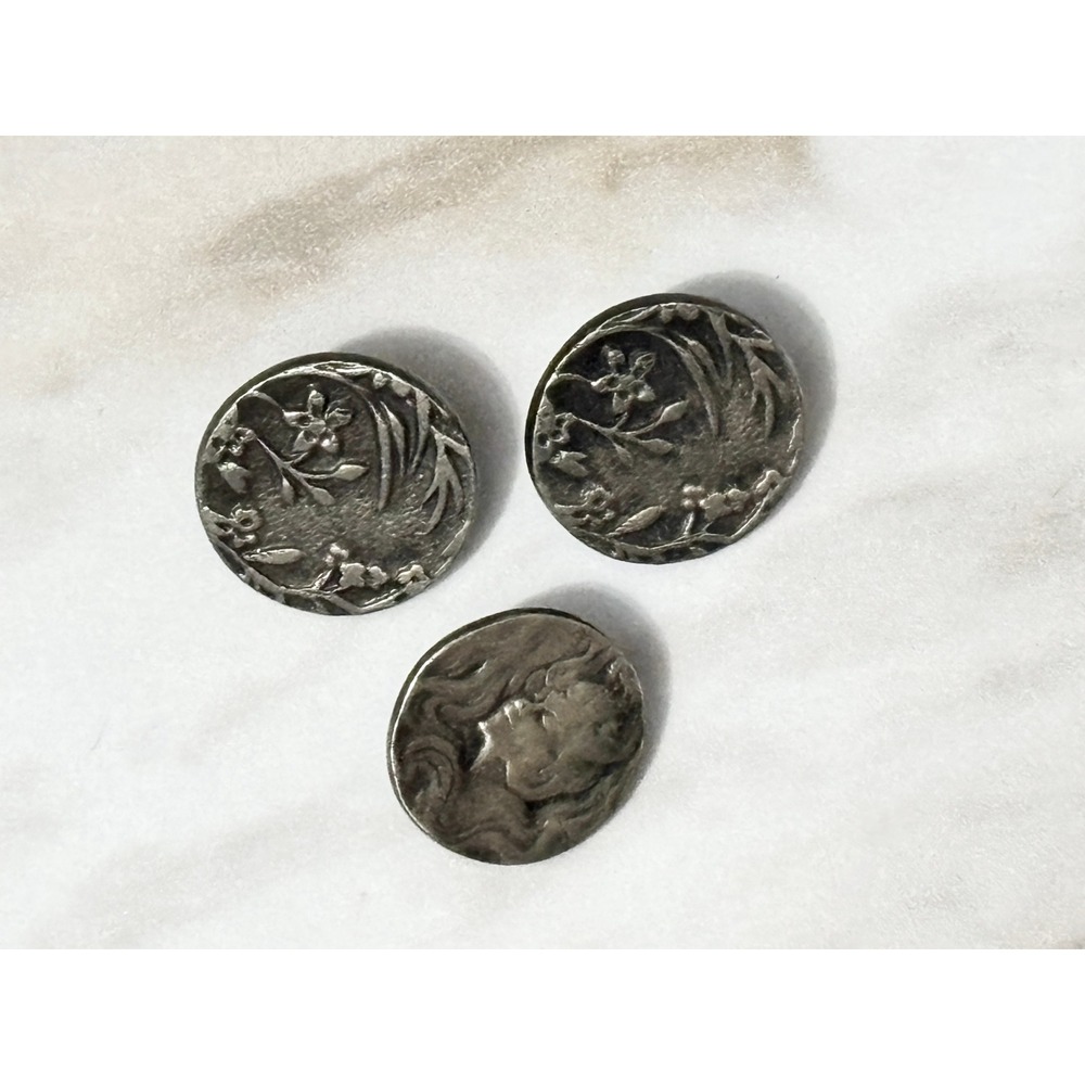 Vintage Battersea Ltd 1978 Pewter Art‎ Nouveau Buttons Floral Lady Set of 3